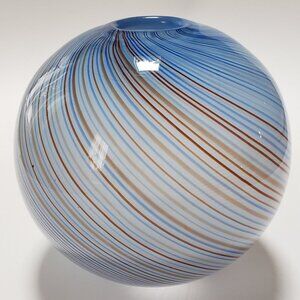 Dansk handblown art glass ball vase in blue rust stripes